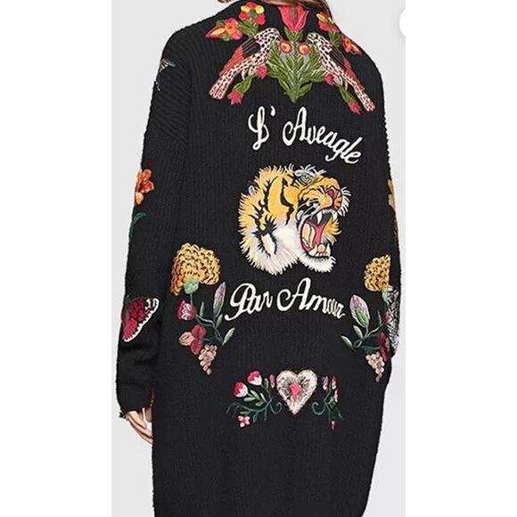 Unique Long Black Embroidered Appliqués Cardigan Sweater Sz M Designer Inspired - Picture 5 of 9
